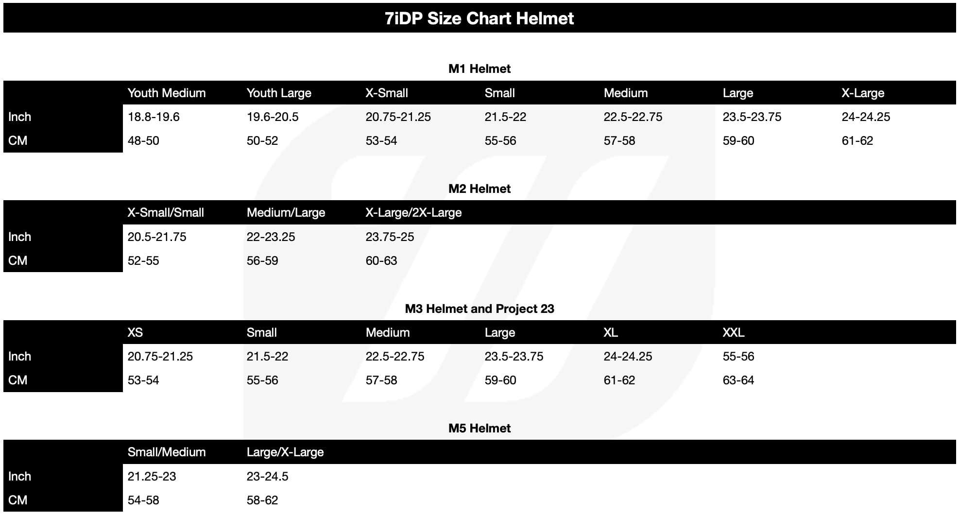 7iDP Helmet Size Chart