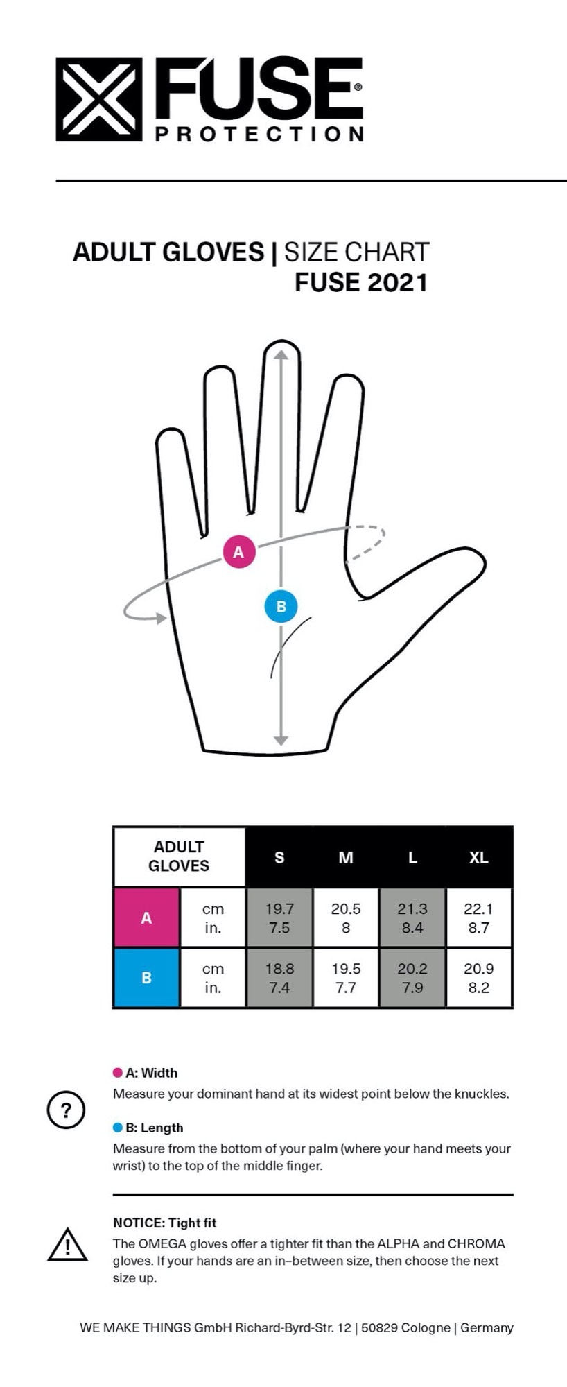 FUSE Protection Size Chart Adult Gloves