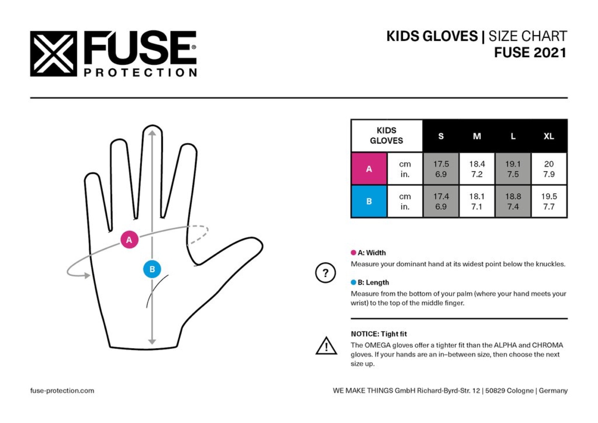 FUSE Protection Size Chart Kids Gloves