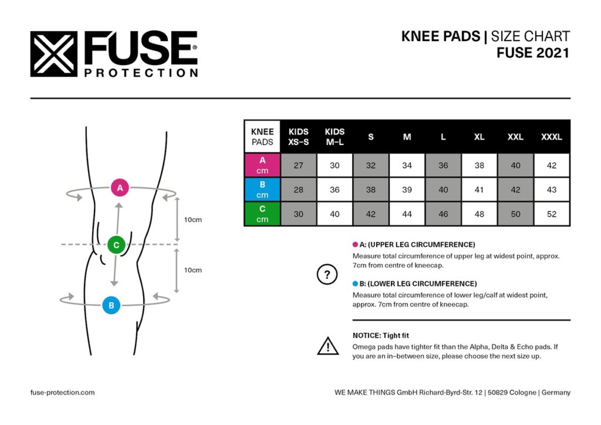 FUSE Protection Size Chart Knee Pads