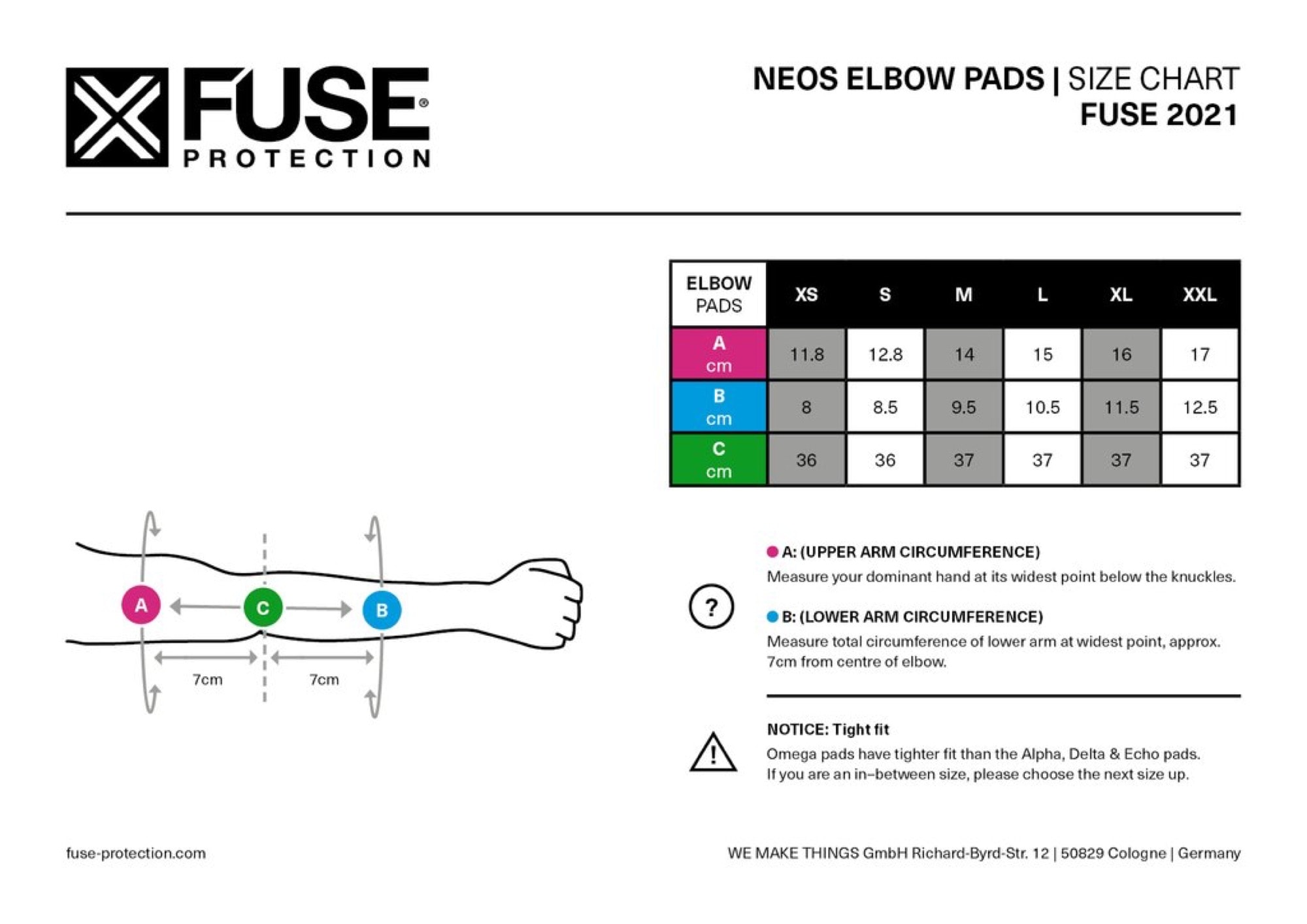 FUSE Protection Size Chart Elbow Pads